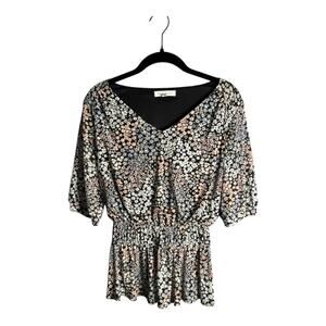 Perseption Concept Blue Pink Floral Peplum Blouse V Neck Small